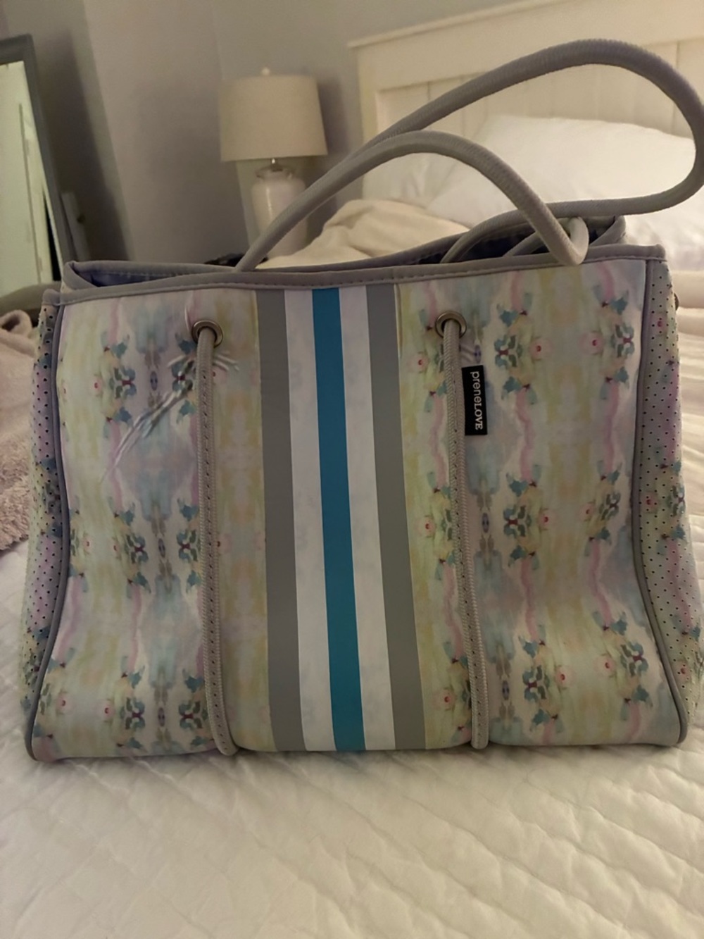 PreneLove Pastel Floral Neoprene Tote in Blue Stripe